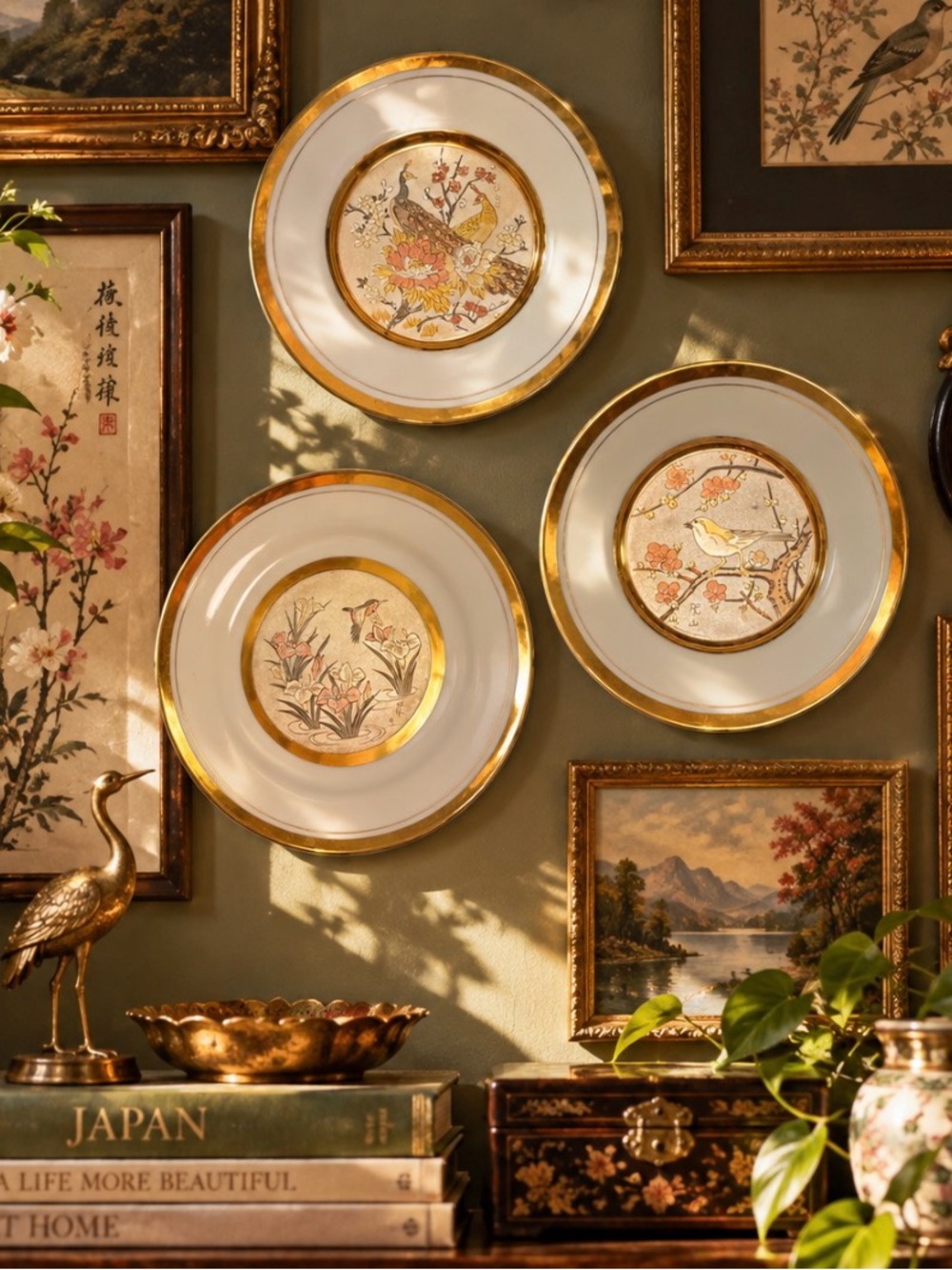 ✨VTG Art of Chokin Japan 24K Gold Plates Set 3 Peacock Bird Floral